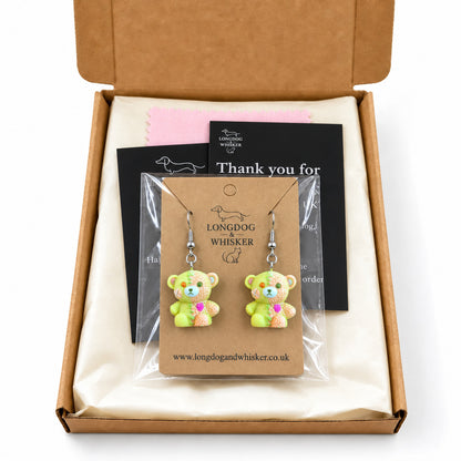 Yellow & Peach Pastel Stitched Zombie Bear Earrings packaged in Longdog & Whisker gift box