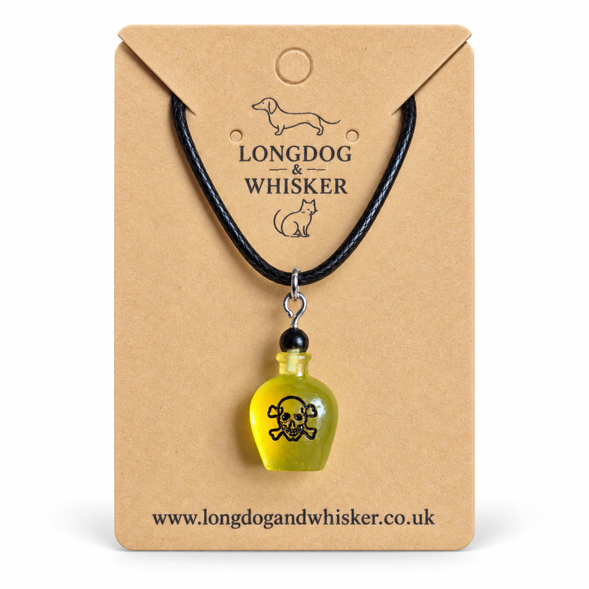 Yellow poison bottle necklace on black cord displayed on a Longdog & Whisker kraft card.