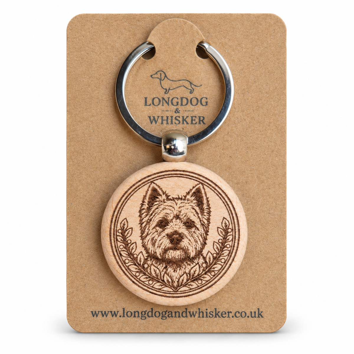 Yorkshire Terrier wooden keyring with leafy portrait frame on Longdog & Whisker kraft card