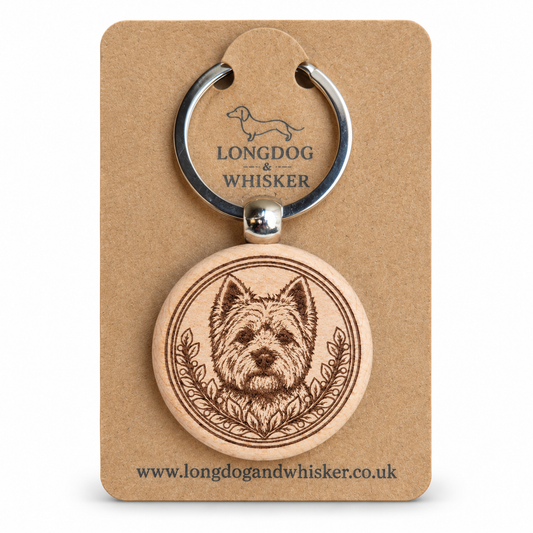 Yorkshire Terrier wooden keyring with leafy portrait frame on Longdog & Whisker kraft card