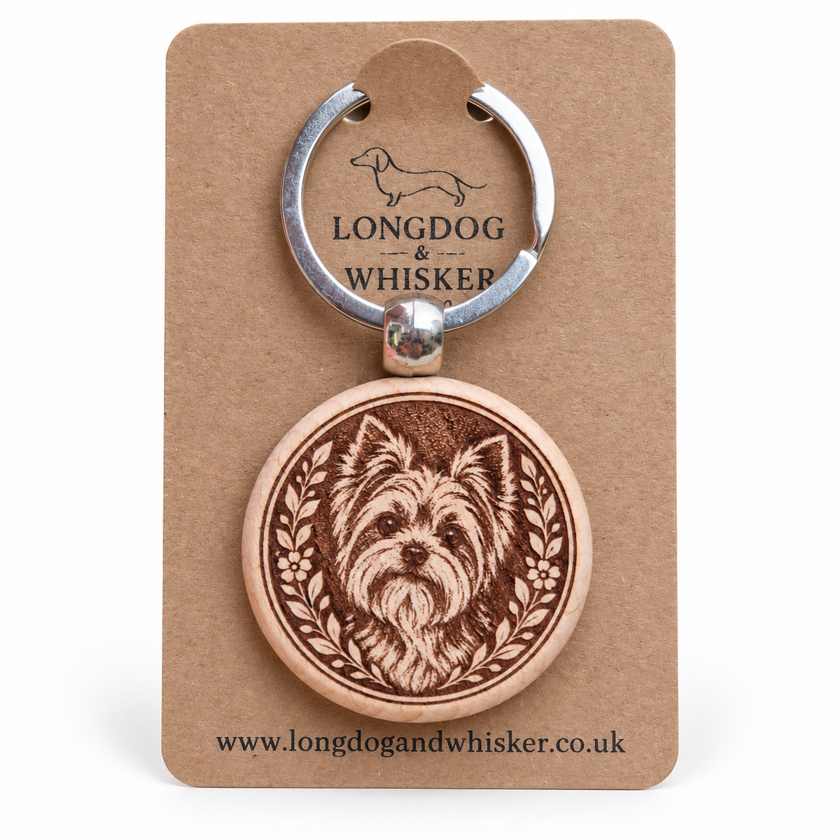 Yorkshire Terrier wooden keyring on branded card