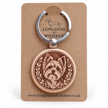 Yorkshire Terrier wooden keyring on branded card