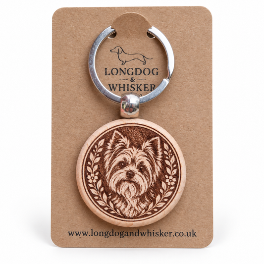Yorkshire Terrier wooden keyring on branded card