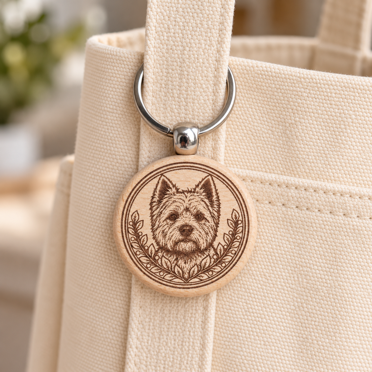 Yorkshire Terrier wooden keyring attached to a cream canvas tote handle