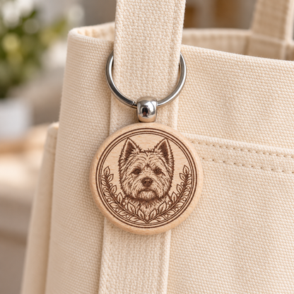 Yorkshire Terrier wooden keyring attached to a cream canvas tote handle
