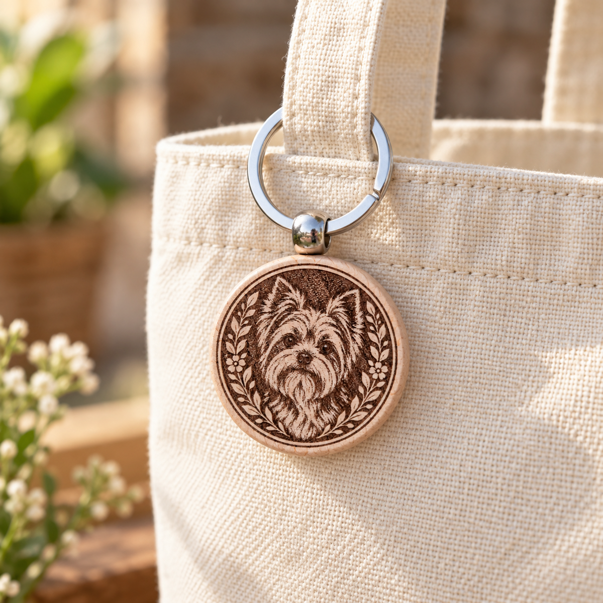 Yorkshire Terrier wooden keyring attached to a cream tote bag