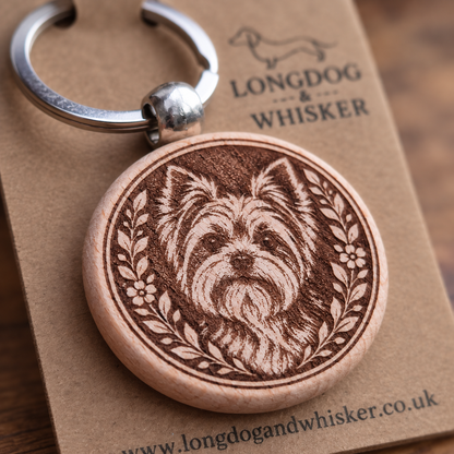 Close detail of the Yorkshire Terrier wooden keyring engraving