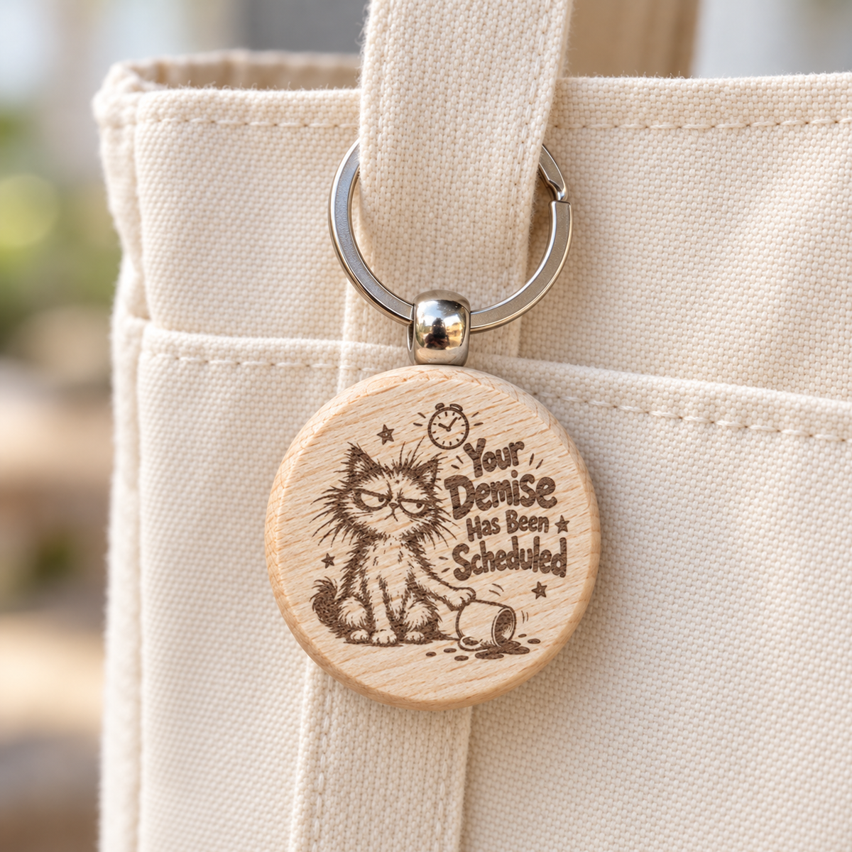 Your Demise Has Been Scheduled cat wooden keyring hanging from a cream canvas tote bag